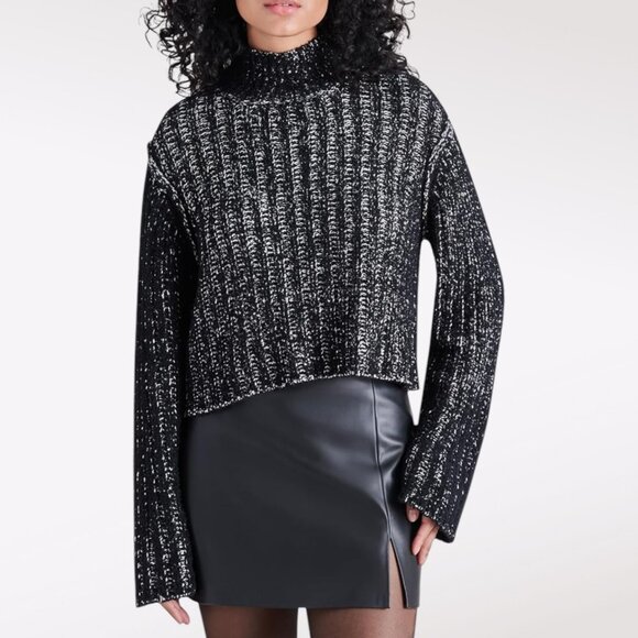 Steve Madden Black White Popcorn Bouclé Knit Mock Neck Sweater Large - Picture 1 of 10